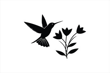 a minimalist Hummingbird Hovering Near Flowers silhouette black vector art illustration 