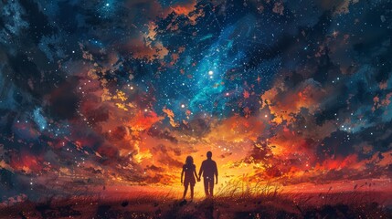 Silhouette of a couple under a starry sky with vibrant colors artistic depiction of love and the universe's beauty