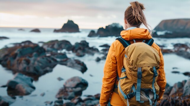 Woman exploring tide pools on a rocky beach, curious and adventurous. - Powered by Adobe