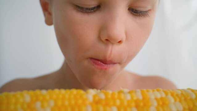 A boy eats corn. close up