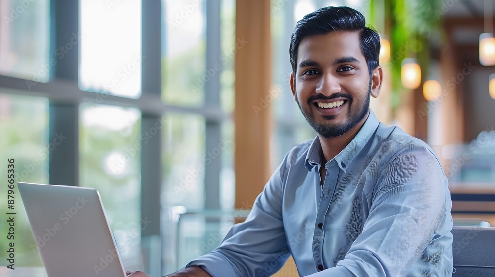 Aufkleber Portrait of happy and successful businessman indian man smiling and looking at camera satisfied with achievement results man working inside office building using laptop at work : Generative AI