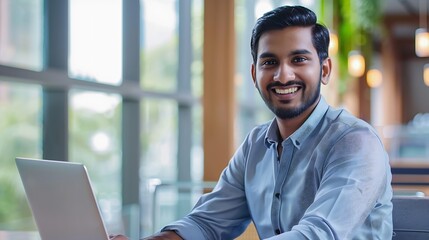 Fototapeta premium Portrait of happy and successful businessman indian man smiling and looking at camera satisfied with achievement results man working inside office building using laptop at work : Generative AI