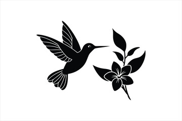 a minimalist Hummingbird Hovering Near Flowers silhouette black vector art illustration 