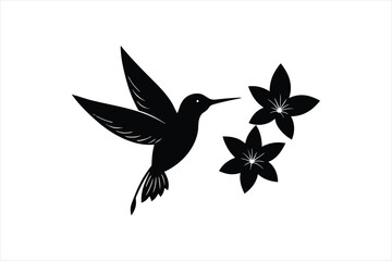 a minimalist Hummingbird Hovering Near Flowers silhouette black vector art illustration 