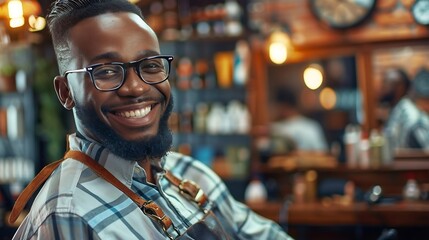 Barber shop hair stylist smile and black man portrait of an entrepreneur with beard trimmer Salon professional worker and male person face with happiness from small business and beauty : Generative AI