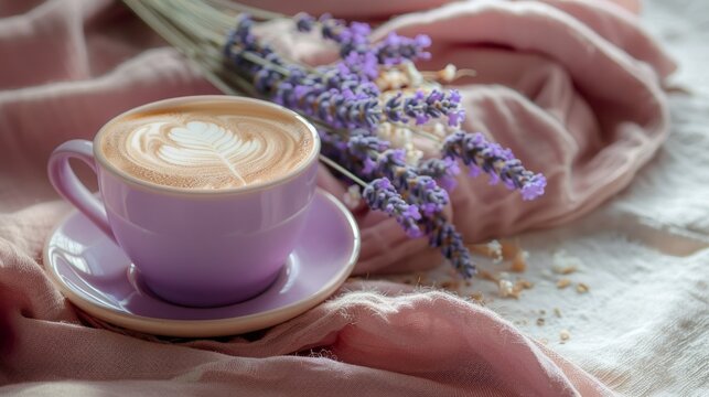 A cup of cappuccino with lavender flowers on a table
