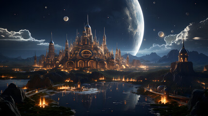 A majestic gothic city illuminated at night with planets in the background, creating a captivating blend of fantasy and science fiction.