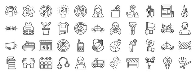 Protest icon set Containing Civil Rights, Aggressive, Hunger Strike, Empowerment, Forbidden, Reporter, Ballot Box, Riot Police, Revolution, Newspaper, Bulletproof Vest, Barbed Wire icons illustration