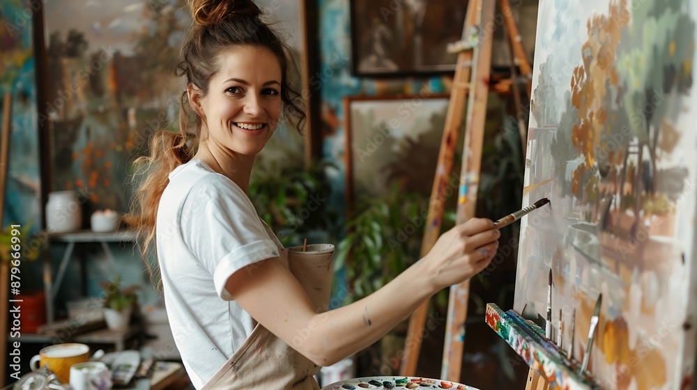 Aufkleber the artist paints in oils at the easel in the hands of a palette and a palette knife she is wearing 