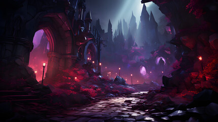 Fototapeta premium A dark and eerie pathway lit by torches leading up to a gothic castle. Red foliage adds to the ominous and mysterious feel of the night. 