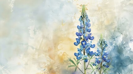 A serene image showcasing bluebonnet flowers set against a soft pastel sky, painted in watercolor style, evoking a sense of calmness and airy beauty in nature's landscape.