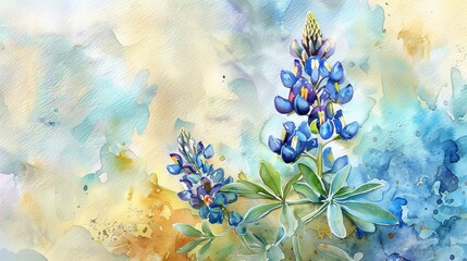 Featuring two bluebonnet flowers, this watercolor art includes an abstract backdrop of mixed colors, capturing the essence of nature and creativity with a touch of fantasy.