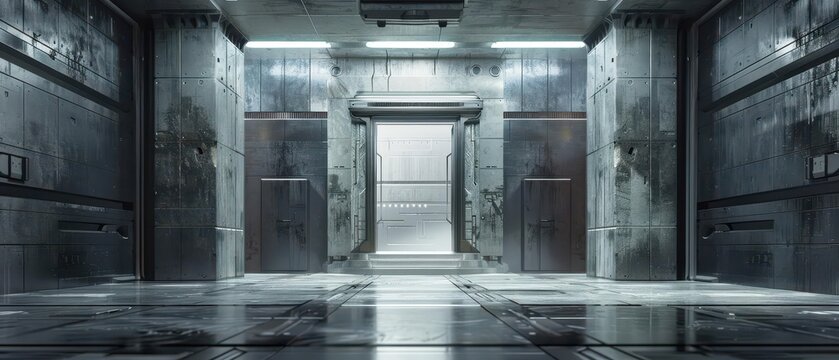 Draft of urban facade, front view, showcasing room design, scifi tone, complementary color scheme