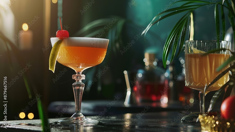 Poster cocktails in art deco style elegant party with drink and some bit : generative ai