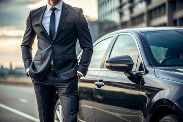 A man in a suit stands next to a black car