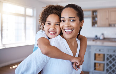 Portrait, mother and piggyback girl in home for playing game, childhood fun and interaction for family time with love or care. Female child, mom and carrying kid for physical activity and bonding.