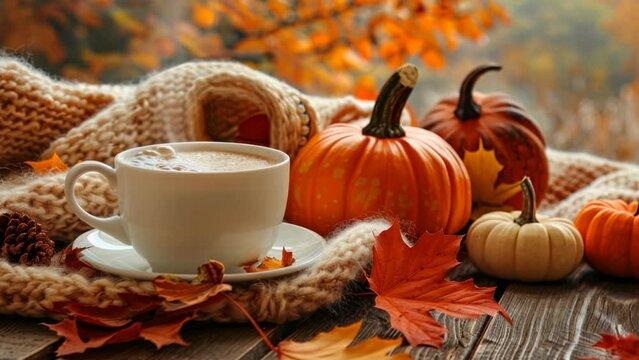 Steaming coffee next to pumpkins, autumn leaves, and cozy knitwear on a wooden table for a perfect fall atmosphere.