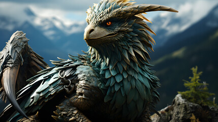 A majestic griffin, a mythical creature with the head and wings of an eagle and the body of a lion, is captured in a stunning portrait against the backdrop of a breathtaking mountain vista.