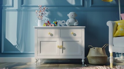 Kids room decorated wall background and sideboard with baby goods : Generative AI