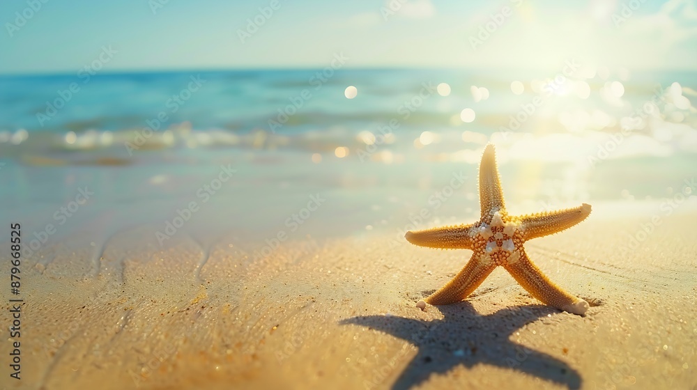 Poster starfish on the sand beach in clear sea water summer background summer time copy space relaxing on t