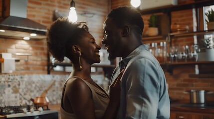 Obraz premium Cheerful millennial black spouses having fun together dancing to music in modern kitchen interior smiling to each other Couple having date or party Relationship and romance concept : Generative AI