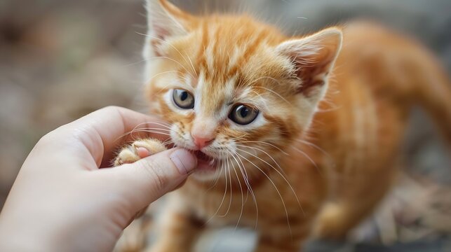 A close view of a playful orange striped kitten biting a persons hand gently during a playful interaction : Generative AI