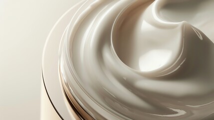 Close-up of luxurious, creamy skincare product in a jar with a smooth, silky texture and elegant, soft background lighting.