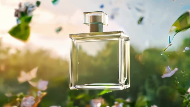 Transparent bottle of perfume on floral and herbal background. Perfume presentation. Trending concept in natural materials. Women's and men's essence. Natural cosmetic