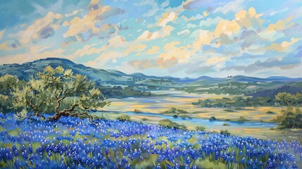 This image captures vibrant bluebonnets sprawling across open fields under a dynamic sky with colorful clouds, evoking feelings of serenity and natural beauty.