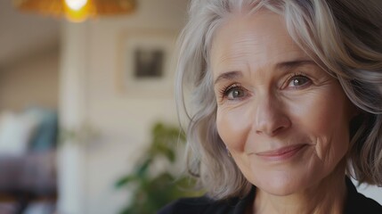 Portrait of confident stylish european middle aged senior woman Older mature 60s lady smiling at home Happy attractive senior female looking camera close up face headshot portrait Happ : Generative AI