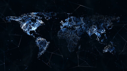 Cyberspace with digital world map, view from space. Glowing particles and lights. Conceptual global network illustration.	

