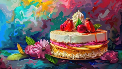 Sponge cake with apple filling and creme brulee topping, fantasy style, vibrant colors, whimsical elements, detailed backgrounds