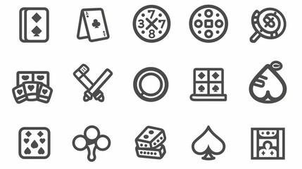 This image features a set of sixteen black and white icons representing different gaming tools and symbols, including cards, dice, and other game-related elements.