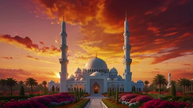 A beautiful mosque surrounded by a sea of colorful wildflowers, with fluffy white clouds in a bright blue sky, 4K Wallpaper animation video