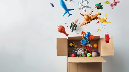 Fototapeta premium Cardboard box with many toys flying over white background : Generative AI