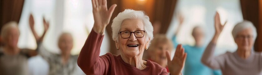 Senior woman smiling and raising her hand in a group exercise class