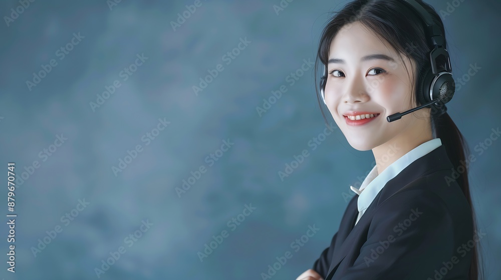 Poster Attractive asian female call center operator with happy smile face advertises job opportunity on empty space wearing a formal suit and headset on customizable isolated background Enthu : Generative AI