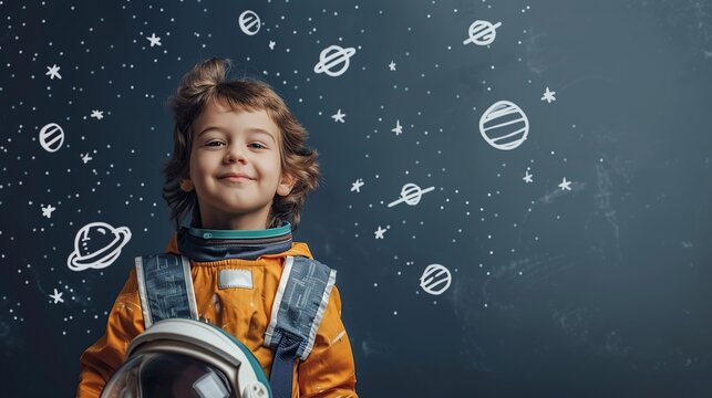 A young boy in an astronaut costume stands in front of a chalkboard with stars and planets drawn on it. He looks up with a hopeful expression.