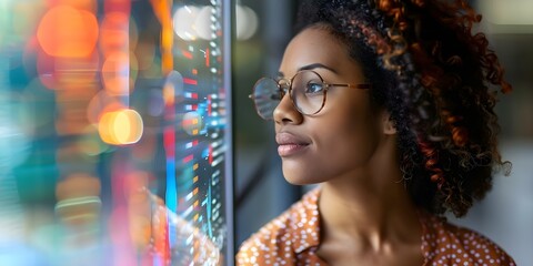 African American female IT specialist analyzing data with AR and AI. Concept Technology, Diversity, Innovation, Data Analysis, AR and AI