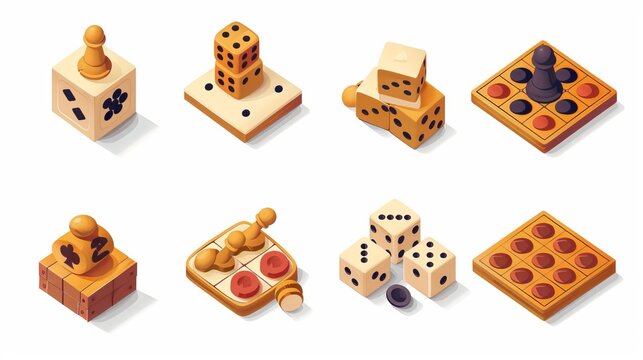 A collection of 3D models showcasing common board game pieces and dice, offering a variety of classic and modern gaming elements ideal for stock images and creative projects.