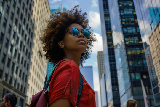 Confident young woman walking in city, surrounded by skyscrapers, wearing stylish red dress and sunglasses, exploring urban landscape on sunny summer day in manhattan