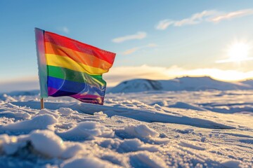 Rainbow flag firmly planted in a snow-covered landscape with a stunning mountain backdrop at sunrise