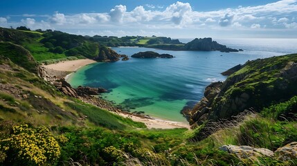 Image of Fernain Bay Guernsey on a sunny day : Generative AI