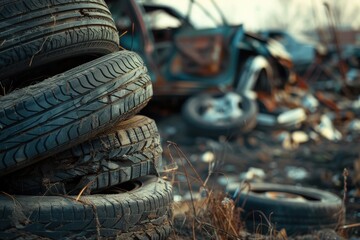 A close-up of a stack of worn car tires in an abandoned junkyard, highlighting the texture and details of the rubber