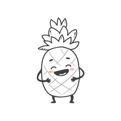 Cute cartoon pineapple with smile isolated on white background. Funny character pineapple in doodle style. Vector illustration 