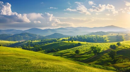 Obraz premium Vivid summer landscape of a rolling countryside on a sunny day Mountains in morning light Location place Carpathian mountains Ukraine Europe Vibrant photo wallpaper Discover the beauty : Generative AI