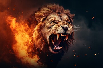 Fototapeta premium Angry lion with open mouth and fiery mane, jumping, fire flames and sand at night background. The concept of anger and aggression.