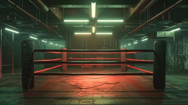 A moody underground boxing ring set in a dimly lit room, featuring sparse lighting, creating an intense and mysterious atmosphere suitable for secretive or illicit matches.
