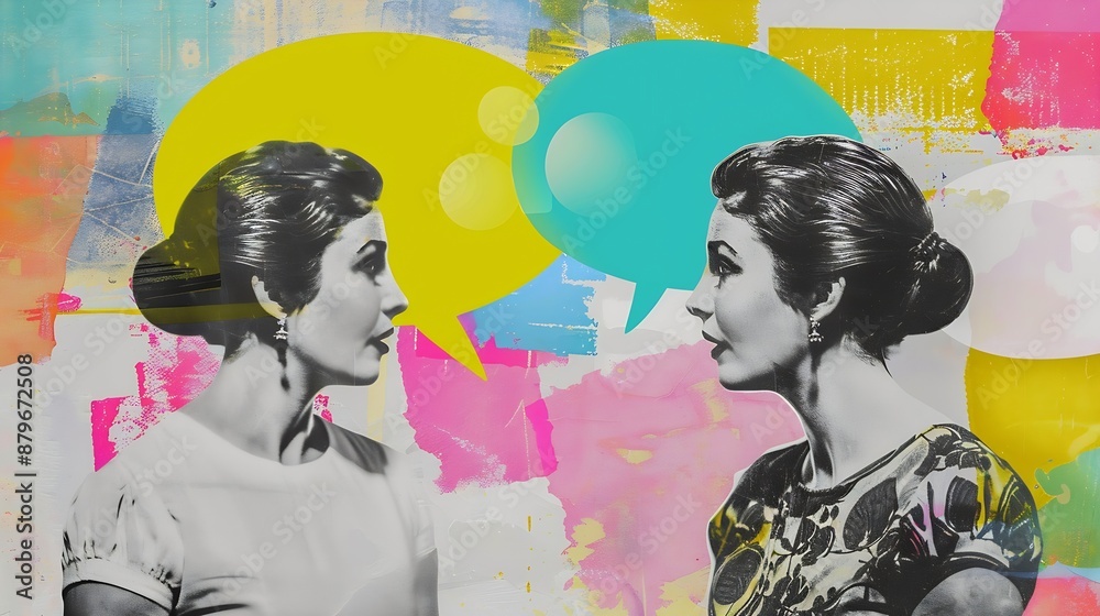 Poster girlfriends contemporary art collage two women with color speech bubble copy space instead heads ove