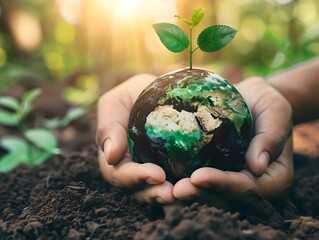Earth Globe With Green Sprout Held In Hands Realistic Image